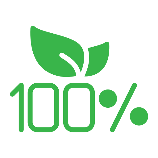 Green icon with leaves and '100%' on a white background