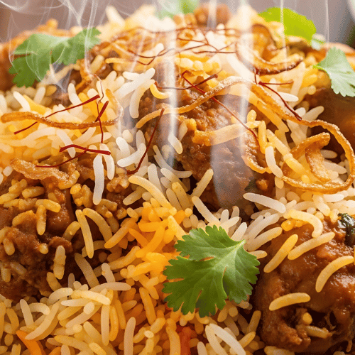 Close-up of biryani with rice, meat, and garnished with saffron strands and coriander leaves.