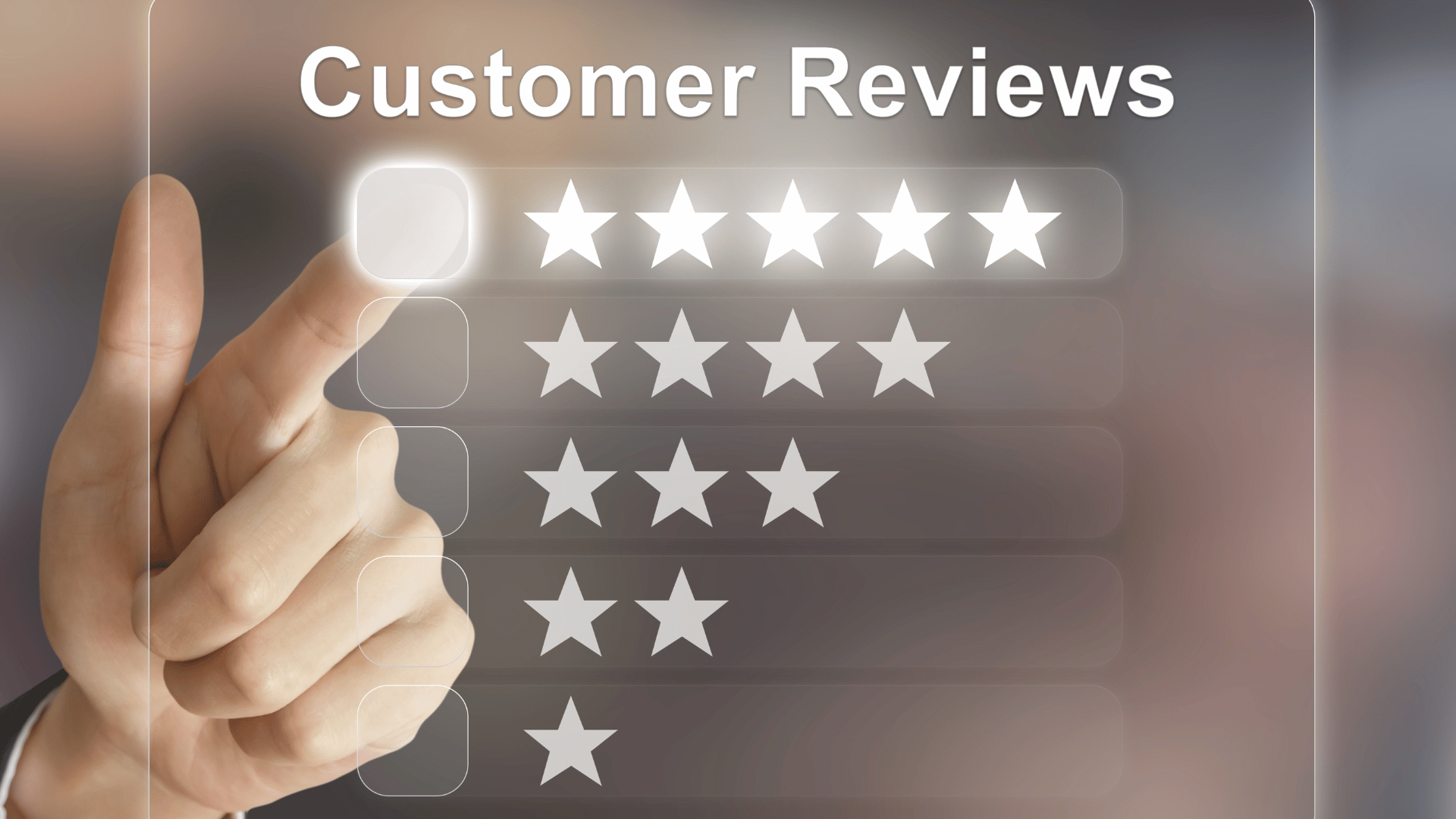 Hand pressing a button with star ratings and 'Customer Reviews' text on a blurred background