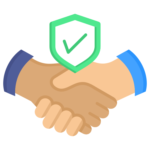 Two hands shaking with a green shield and checkmark above on a white background